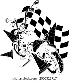 Old vintage black bobber bike with race flag
