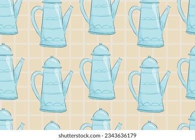 Old vintage blue teapot or jug with a lid. Vector seamless cartoon pattern.