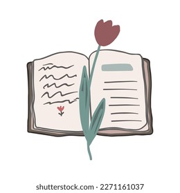 Old vintage book or diary and a red tulip flower isolated on white. Vector illustration.