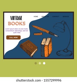 Old vintage books and antiques sketch vector web template. Vintage books, antique, ancient bookmark website for book shop fair design.