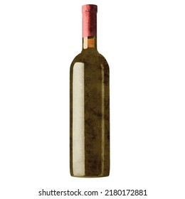 Old vintage bottle of wine isolated on white background. Watercolor style. Realistic Vector illustration. Clipart