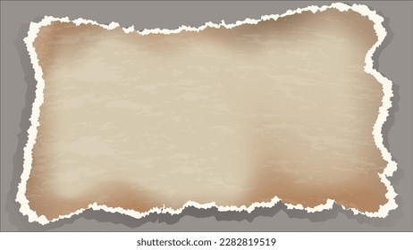 Old vintage brown paper illustration with ripped torn paper frame. Retro vintage abstract background. Vector old parchment blank paper sheet.