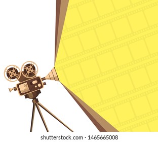 Old vintage camcorder on tripod and cinema tape isolated on yellow background. Vector template banner for cinema festival. Film cinema poster design with sample for your text.Movie time art background