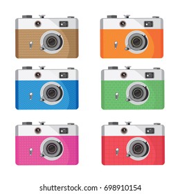 Old vintage camera in different color and texture. In the set: brown, blue, pink, orange, green and red film apparatus. Vector stylization.