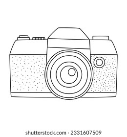 Viejo doodle de cámara Vintage, un dibujo de doodle de vector de mano de una cámara sin espejo, aislado en fondo blanco.