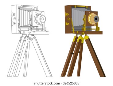 Old vintage camera on tripod vector outline drawing