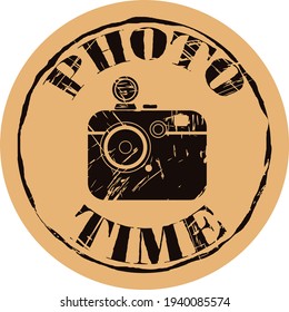 Old vintage camera vector round shabby emblem design in old style. Photo time. Photo camera with flash stamp round seal imitation. Camera silhouette logo on craft paper background. Grunge classic icon