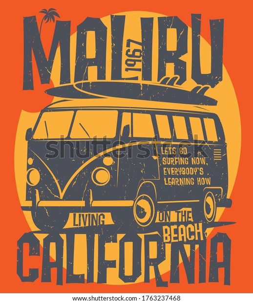 Old vintage camp car for summer surfing\
traveling and living on the California beaches. Camping truck print\
illustration design for clothe, t-shirt, sticker or posters. Vector\
illustration