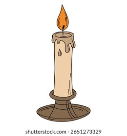 Old and vintage candle wax light fire with melted effect. Romantic, cozy, spiritual, birthday, anniversary or Halloween occasion line art element collection 