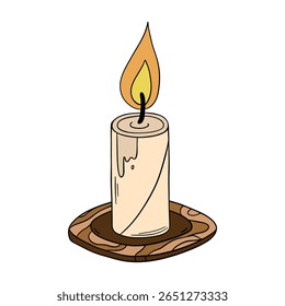 Old and vintage candle wax light fire with melted effect. Romantic, cozy, spiritual, birthday, anniversary or Halloween occasion line art element collection 