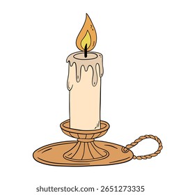 Old and vintage candle wax light fire with melted effect. Romantic, cozy, spiritual, birthday, anniversary or Halloween occasion line art element collection 