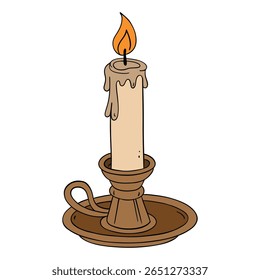 Old and vintage candle wax light fire with melted effect. Romantic, cozy, spiritual, birthday, anniversary or Halloween occasion line art element collection 