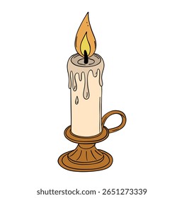 Old and vintage candle wax light fire with melted effect. Romantic, cozy, spiritual, birthday, anniversary or Halloween occasion line art element collection 