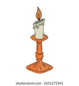 Old and vintage candle wax light fire with melted effect. Romantic, cozy, spiritual, birthday, anniversary or Halloween occasion line art element collection 