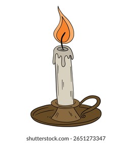 Old and vintage candle wax light fire with melted effect. Romantic, cozy, spiritual, birthday, anniversary or Halloween occasion line art element collection 