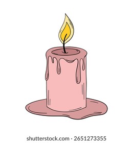 Old and vintage candle wax light fire with melted effect. Romantic, cozy, spiritual, birthday, anniversary or Halloween occasion line art element collection 