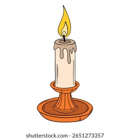Old and vintage candle wax light fire with melted effect. Romantic, cozy, spiritual, birthday, anniversary or Halloween occasion line art element collection 