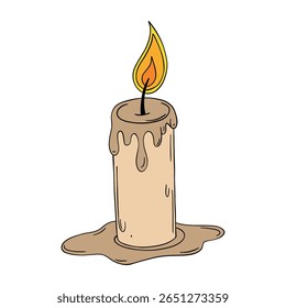 Old and vintage candle wax light fire with melted effect. Romantic, cozy, spiritual, birthday, anniversary or Halloween occasion line art element collection 