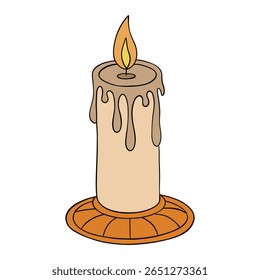 Old and vintage candle wax light fire with melted effect. Romantic, cozy, spiritual, birthday, anniversary or Halloween occasion line art element collection 