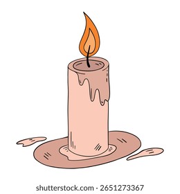 Old and vintage candle wax light fire with melted effect. Romantic, cozy, spiritual, birthday, anniversary or Halloween occasion line art element collection 