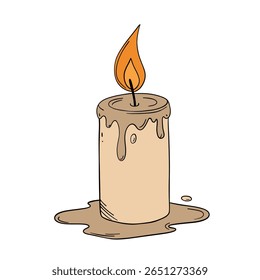 Old and vintage candle wax light fire with melted effect. Romantic, cozy, spiritual, birthday, anniversary or Halloween occasion line art element collection 