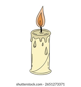 Old and vintage candle wax light fire with melted effect. Romantic, cozy, spiritual, birthday, anniversary or Halloween occasion line art element collection 