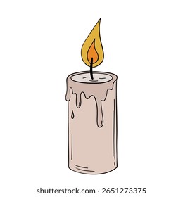 Old and vintage candle wax light fire with melted effect. Romantic, cozy, spiritual, birthday, anniversary or Halloween occasion line art element collection 