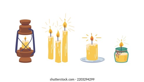 Old and vintage candles, isolated elements for witchcraft and sorcery practice. Ancient lantern, flame, and fire burning. Vector in flat cartoon style