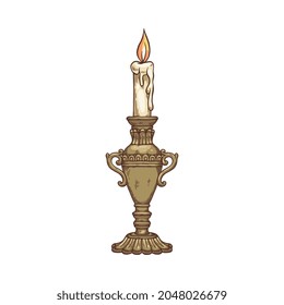 Old vintage candlestick with burning candle - drawing isolated on white background. Hand drawn candlelight flame on antique ornate lamp holder, vector illustration