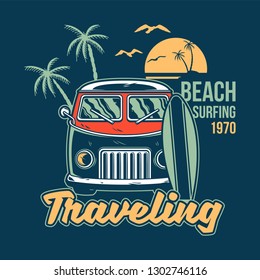 Old vintage car for summer surfing traveling and living on the paradise California beaches with sun sea surf. Camping truck print illustration design for clothes t shirt sticker patch poster banner.