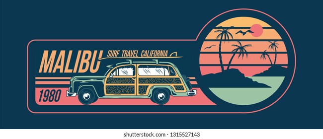 Old vintage car for summer surfing traveling and living on the paradise California beaches with sun sea surf. Camping truck print illustration design for clothes t shirt sticker patch poster banner.