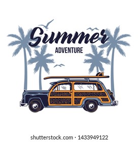 Old vintage car for summer surfing traveling and living on the paradise California beaches with sun sea surf. Camping truck print illustration design for clothes t shirt sticker patch poster badge.