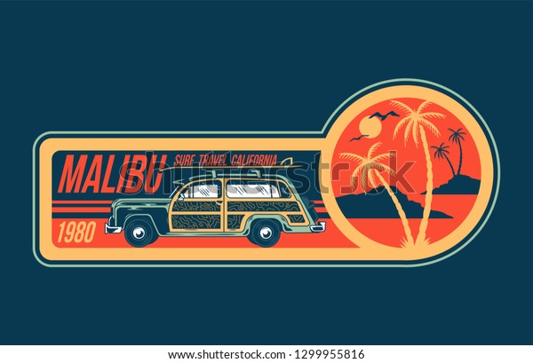 Old vintage car for summer surfing traveling and\
living on the paradise California beaches with sun sea surf.\
Camping truck print illustration design for clothes t shirt sticker\
patch poster banner. 