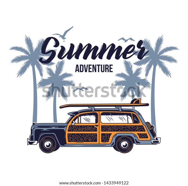 Old vintage car for summer surfing traveling and\
living on the paradise California beaches with sun sea surf.\
Camping truck print illustration design for clothes t shirt sticker\
patch poster badge.