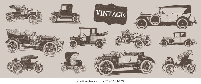 Old Vintage Car. Vintage Transportation. Retro Car Line Drawing. Engraving Old Travel Journey. Side View. Vehicle, Motorcar in Engraved Style.