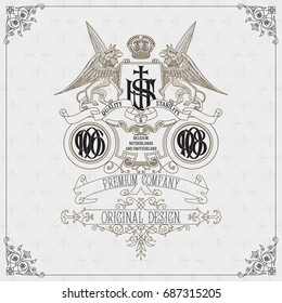 Old vintage card with floral ornament and griffin - vector