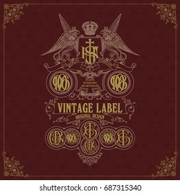 Old vintage card with floral ornament and griffin - vector