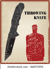 Old vintage card for throwing knives, tactical knife, and a target for throwing knife.