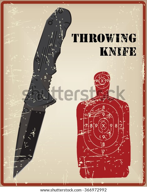 Old vintage card for throwing knives,\
tactical knife, and a target for throwing\
knife.
