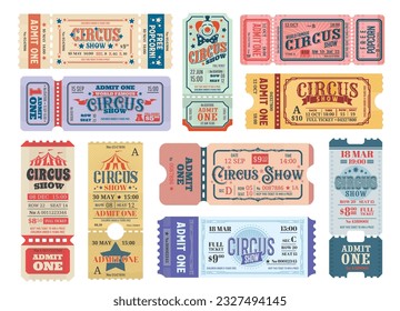 Old vintage circus tickets. Big top tent admit one, retro coupon. Circus show premiere vintage vector entrance admission, concert entry pass or grunge paper admit one tickets set with tear-off part