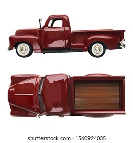 old vintage classic pickup red truck vector realistic illustration on white isolated background. side and top view