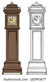 Old vintage clock, colored, and black and white outline, vector illustration