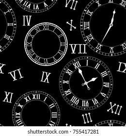 Old vintage clock elements with roman numerals. On black background. Vector illustration