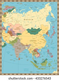 Old vintage color map of Asia.All elements are separated in editable layers clearly labeled.