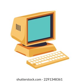 Old vintage computer with a thick screen and keyboard. Isolated icon of machinery for home or work usage. Gadgets and electronic appliances for playing games and working. Vector in flat style