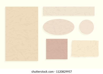 Old vintage crumpled paper. Vector set of an album of torn and different forms of pages isolated on white background.