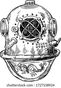 Old vintage diving helmet. Hand drawn vector illustration. Sketch style.