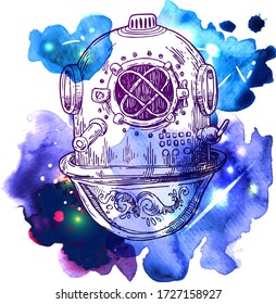 Old vintage diving helmet. Hand drawn vector illustration. Sketch style.