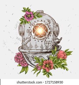 Old vintage diving helmet. Hand drawn vector illustration. Sketch style.