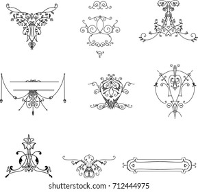 old vintage elements on white background. patterns in an old vintage style painted in black in a linear style on a white background.